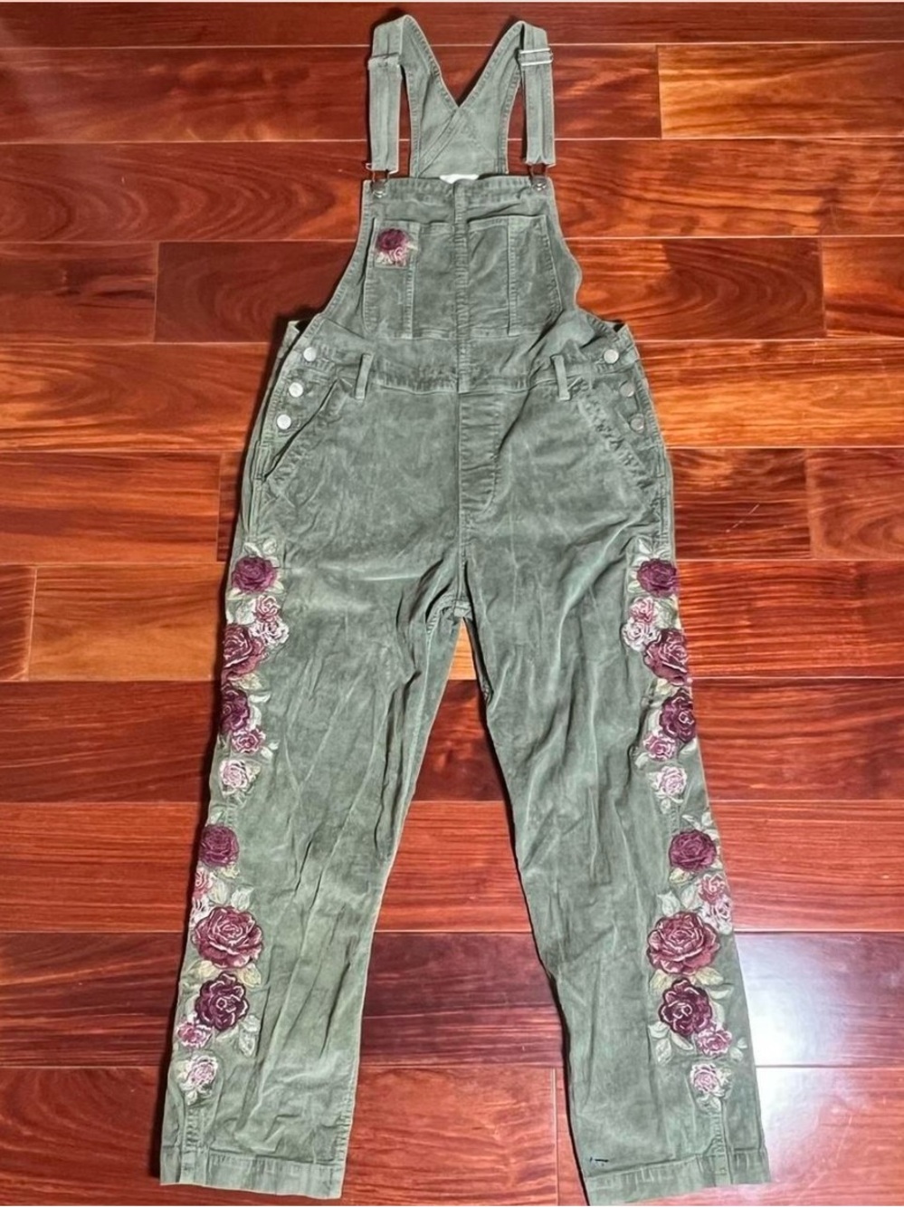 Olive Green Overalls with Rose Embroidery Driftwood - Excellent condition M